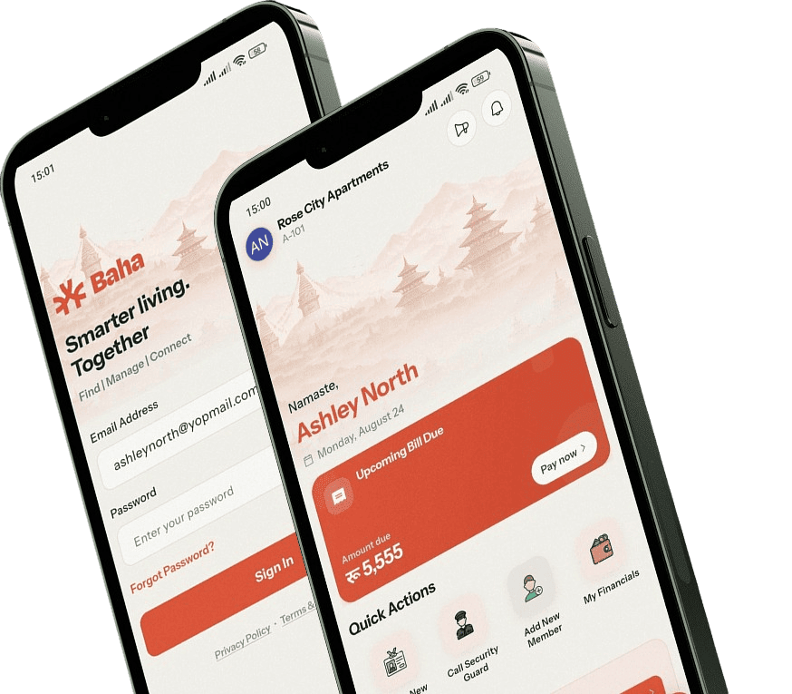 Baha mobile app on two phones showing login and dashboard screens