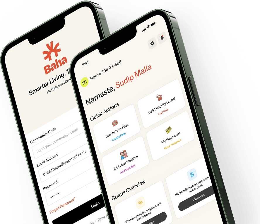 Baha mobile app on two phones showing login and dashboard screens